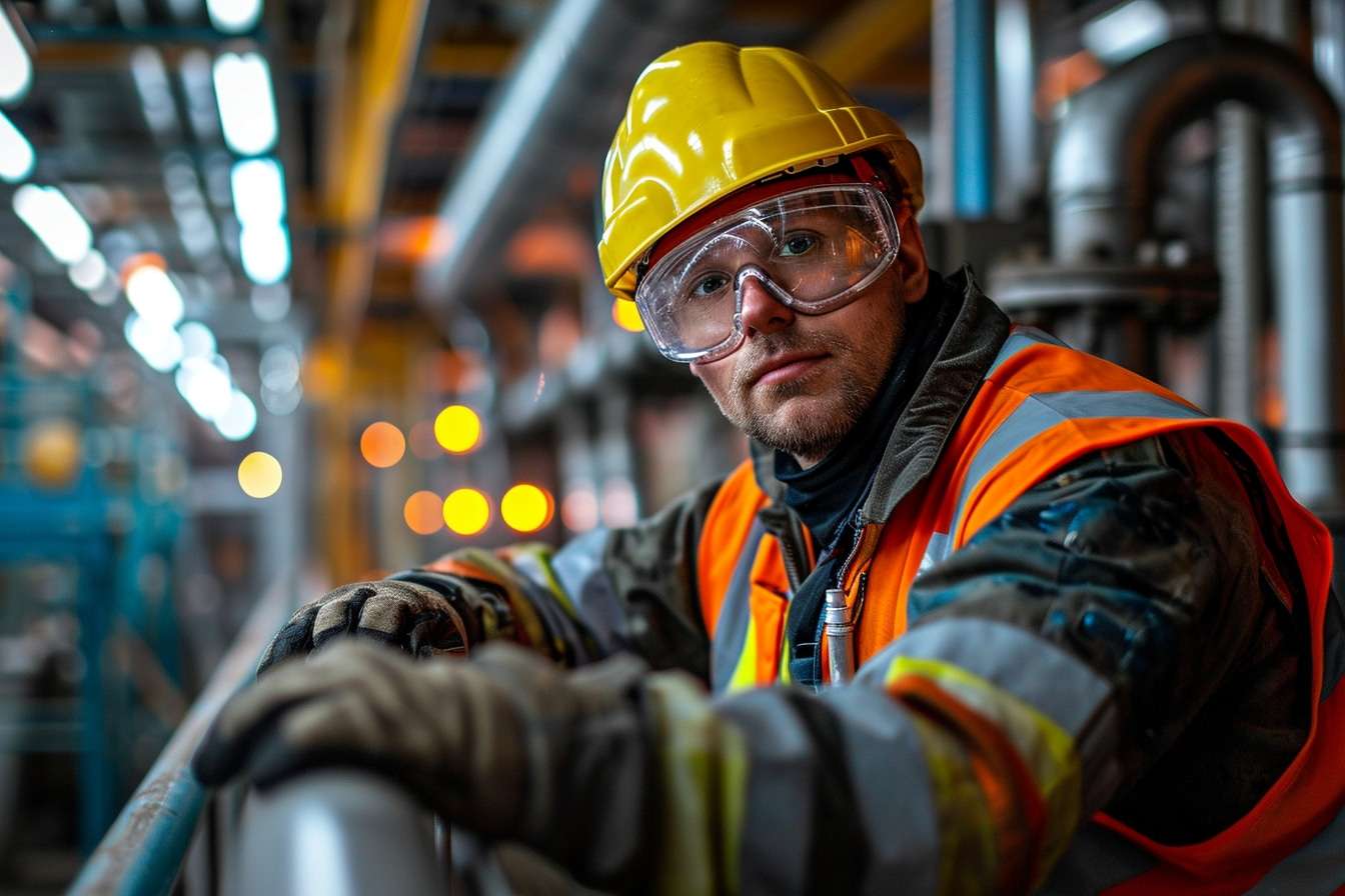 Ouvrier équipé d'un casque, de lunettes et d'un gilet haute visibilité dans un environnement industriel